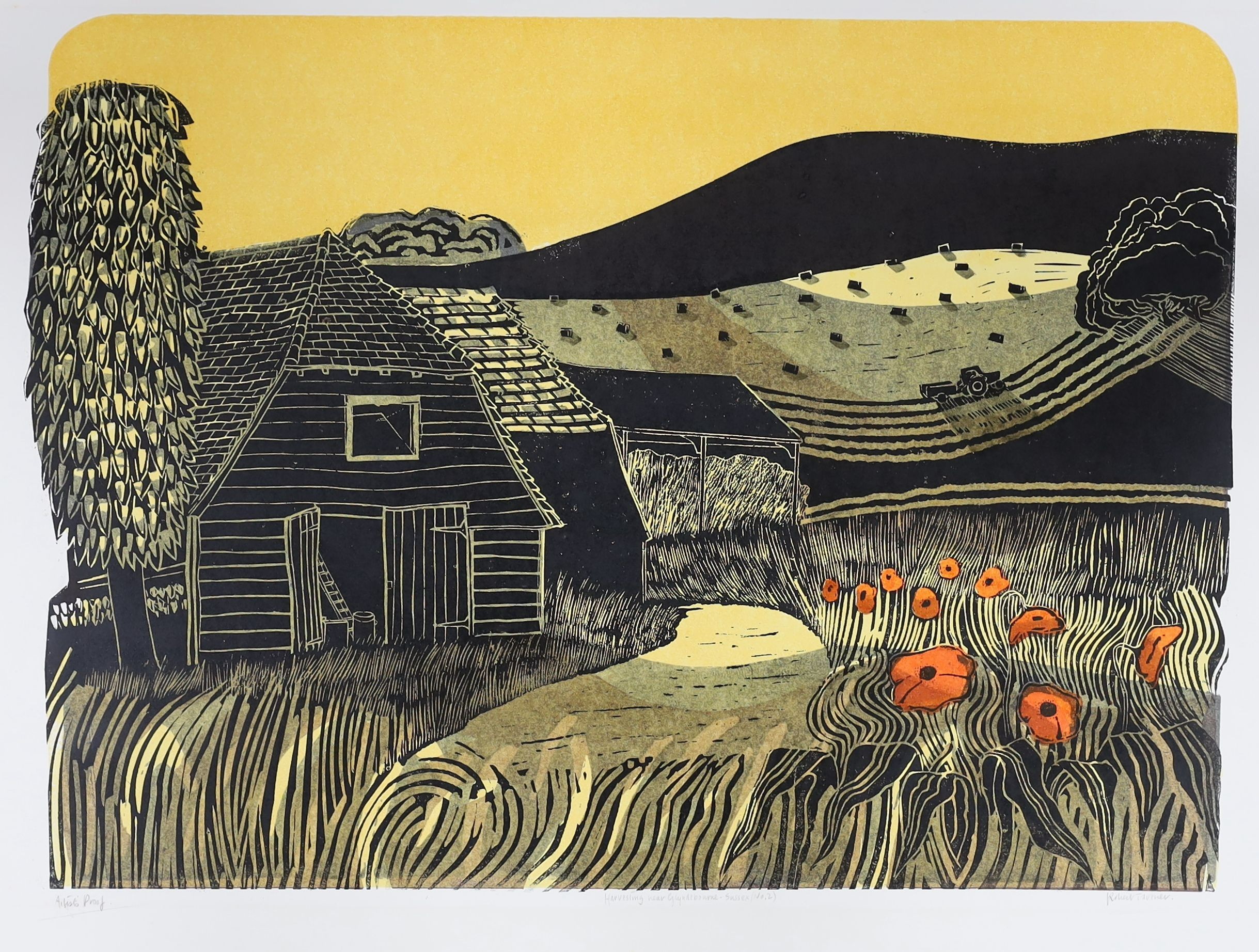 Robert Tavener (1920-2004), artist proof print, 'Harvesting near Glyndebourne - Sussex No.2', signed in pencil, 50 x 66cm, unframed